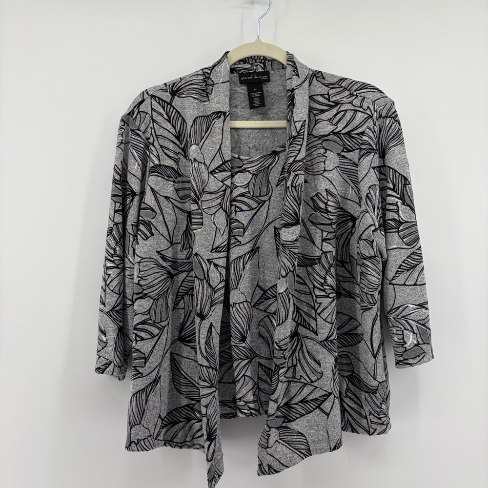 Alfred Dunner Studio Two-fer Top Cardigan Gray Black Women PS‎ Leaf Metallic